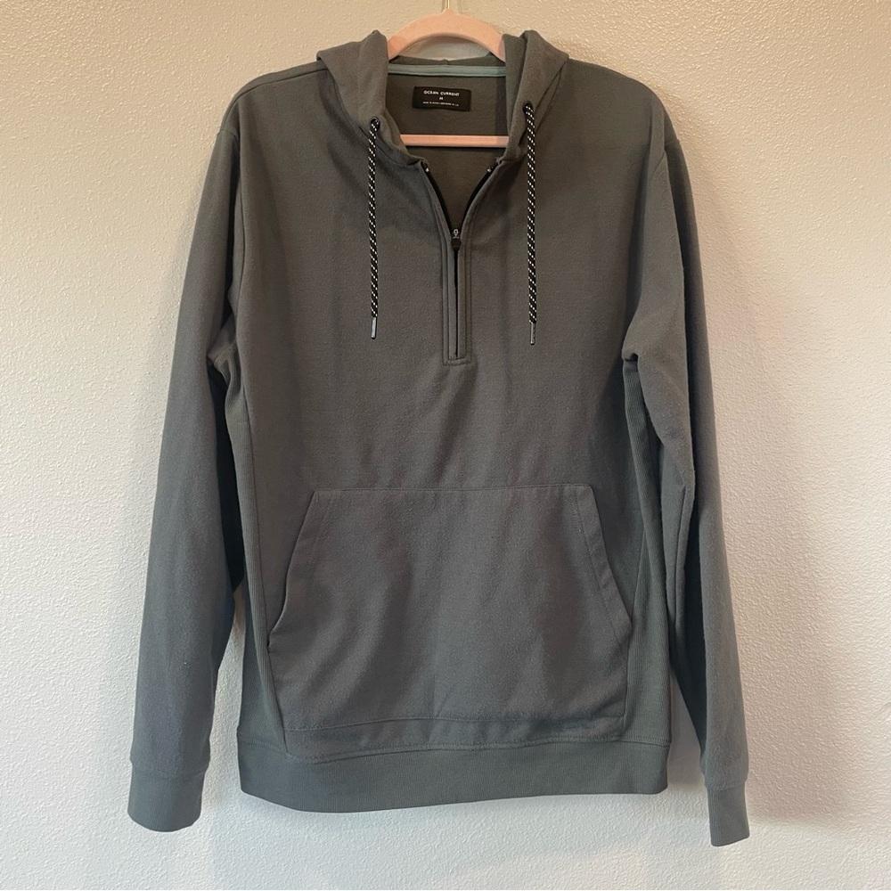 Ocean Current Mens 1/4 Zip Hoodie Green Fleece Ribbed Side Pocket Medium